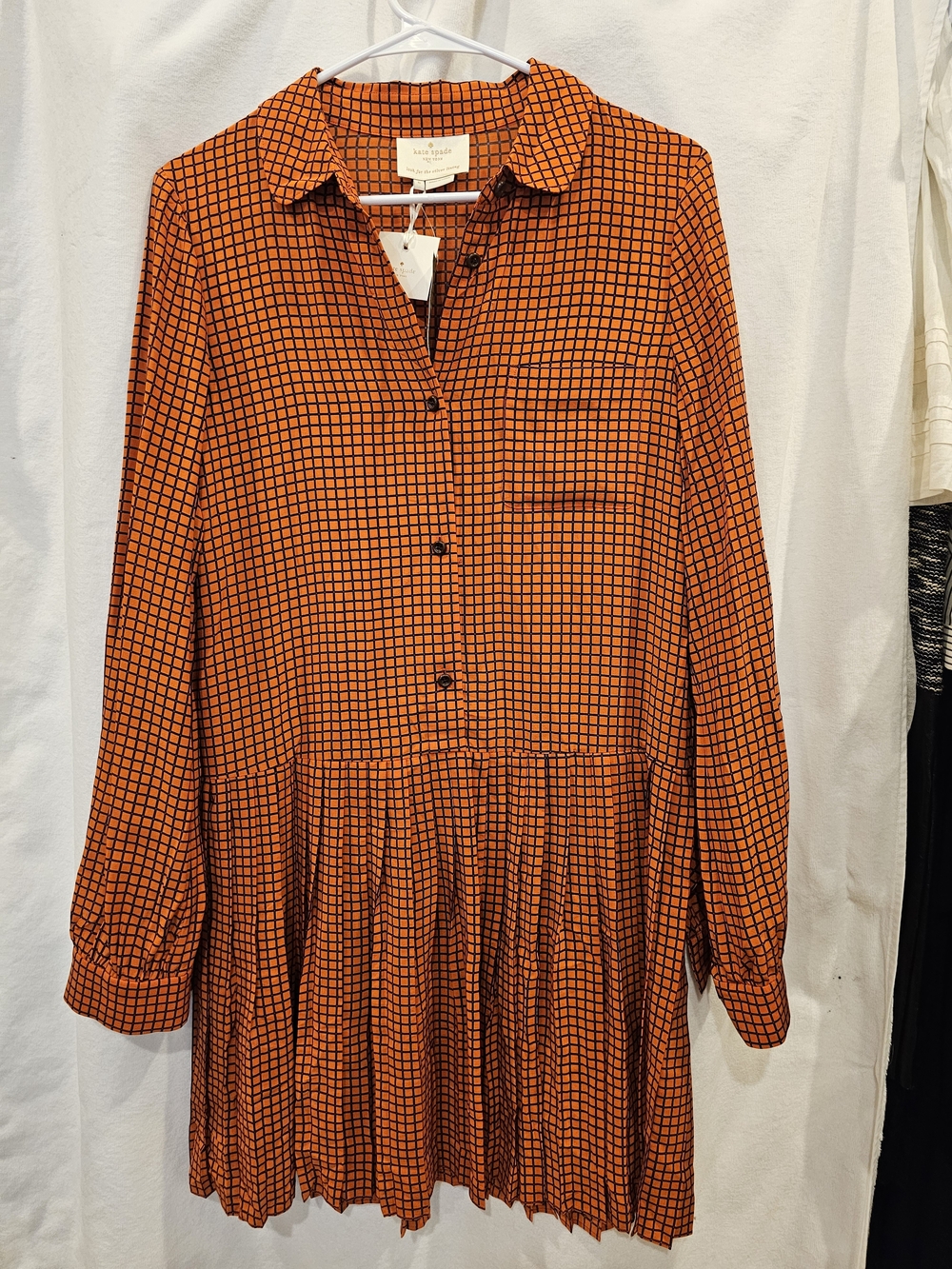 kate spade Orange and Black Checked Long-Sleeve Shirt Dress $110 obo